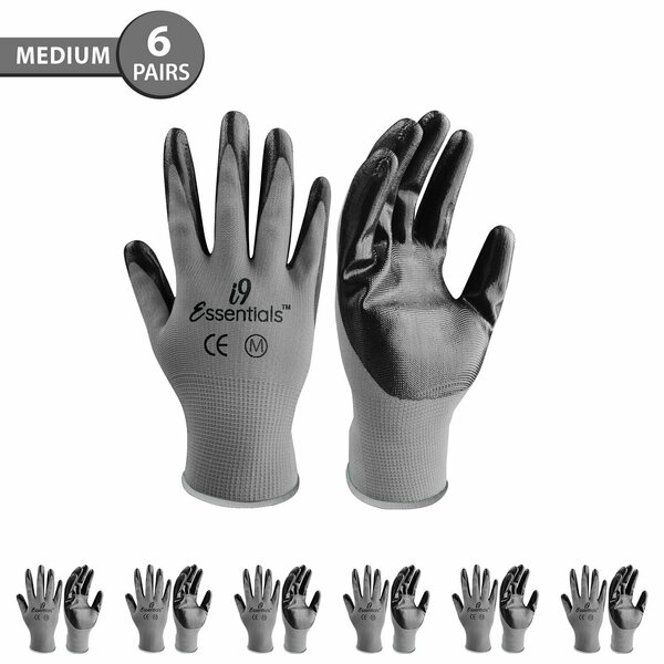 I9 Essentials Polyester & Nitrile Safety Work Gloves Seamless - Grey & Black - Size M, 6PK 100034